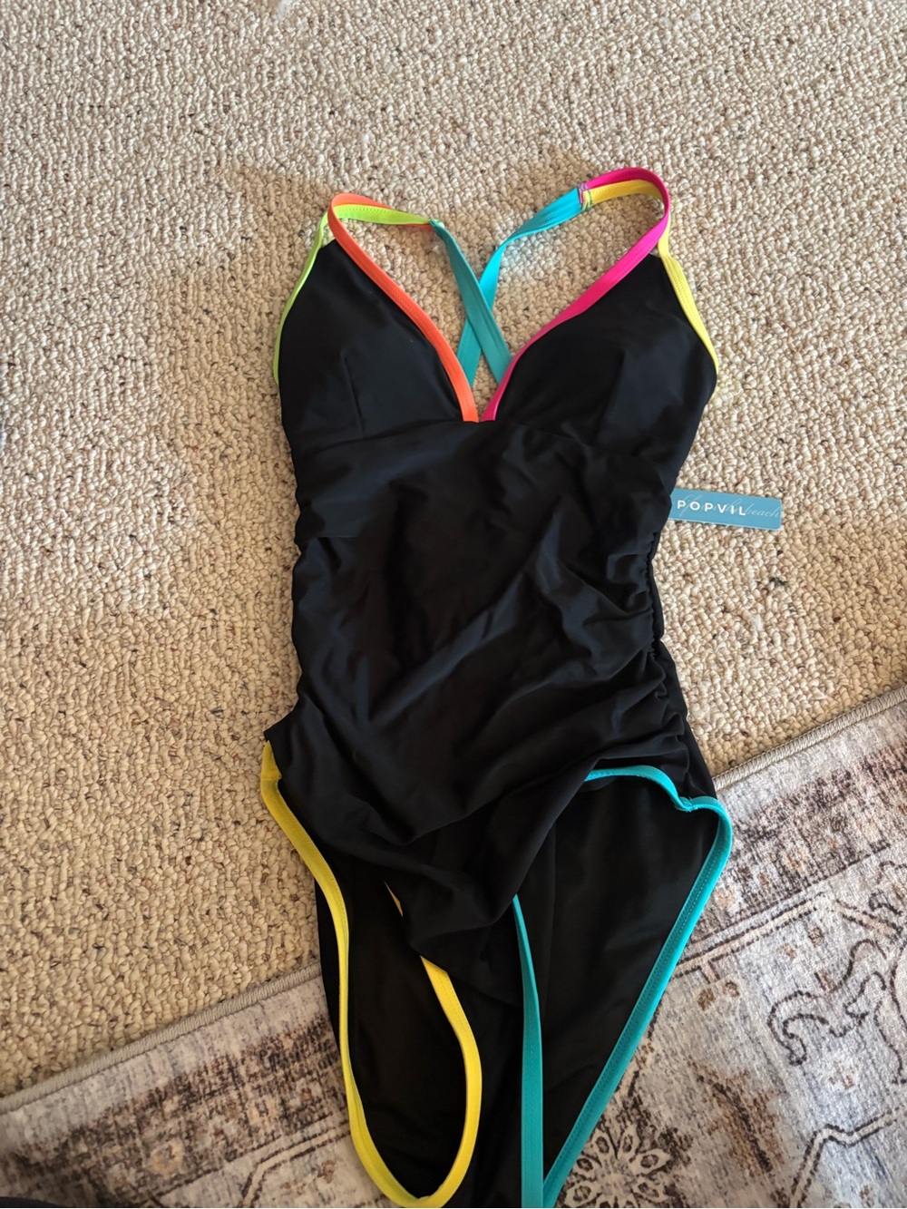 Pop VIllage Black One-Piece Swimsuit with Neon Trim
